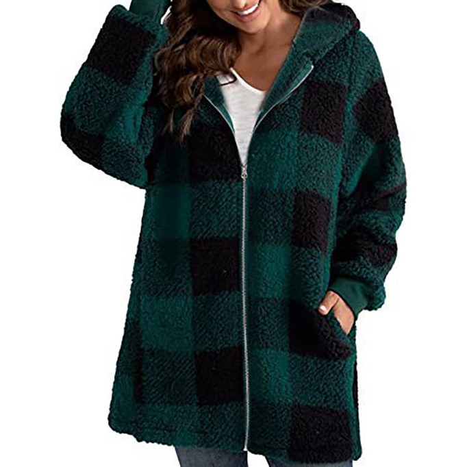 Long Sleeve Plaid Hooded Zipper with Pockets Loose Jacket