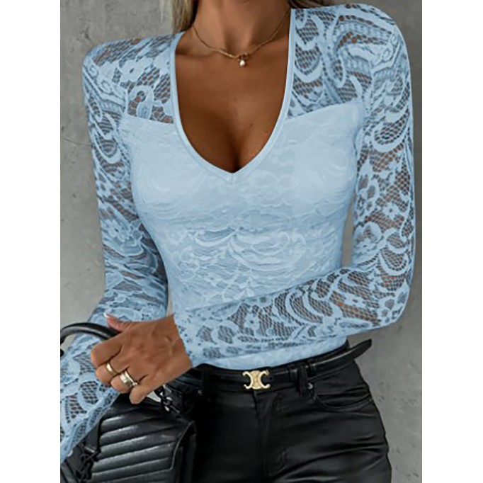 Long sleeved V-neck lace tight top