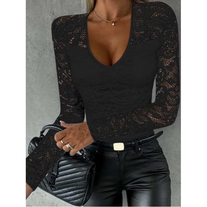 Long sleeved V-neck lace tight top