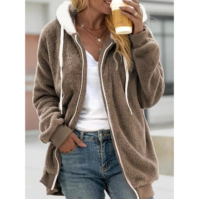 Loose plush zippered hooded jacket