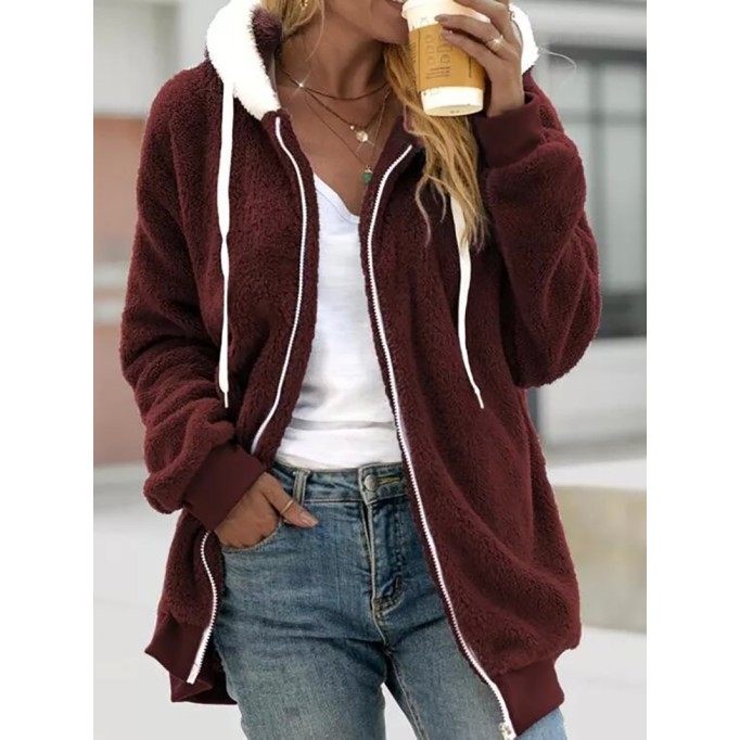 Loose plush zippered hooded jacket