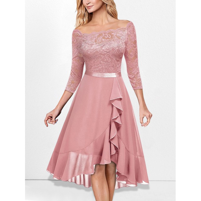 One-piece neckline  mid-sleeve lace and chiffon dress