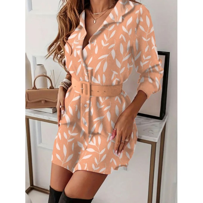 Orange leaf print lapel waist shirtdress