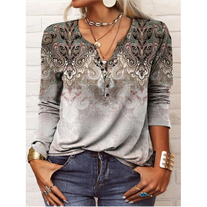 Owl long sleeve printed ethnic fashion T-shirt