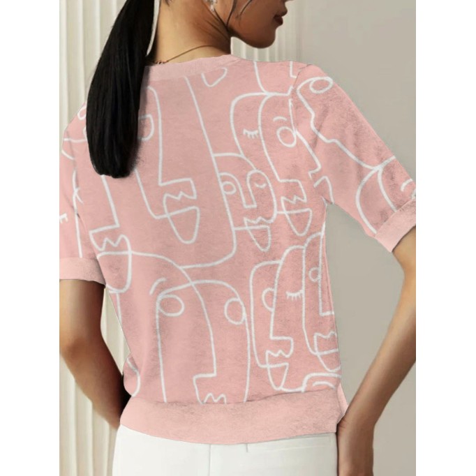 Pink abstract print crew neck pullover knit top