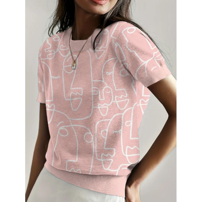 Pink abstract print crew neck pullover knit top