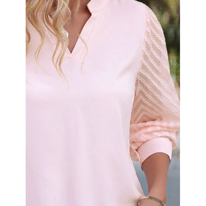 Pink V-neck elegant see-through jacquard patchwork shirt