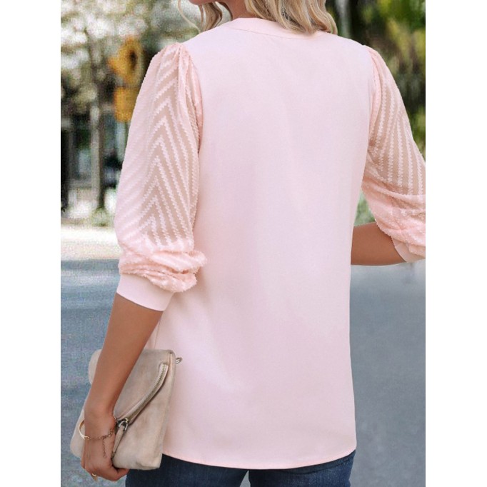 Pink V-neck elegant see-through jacquard patchwork shirt