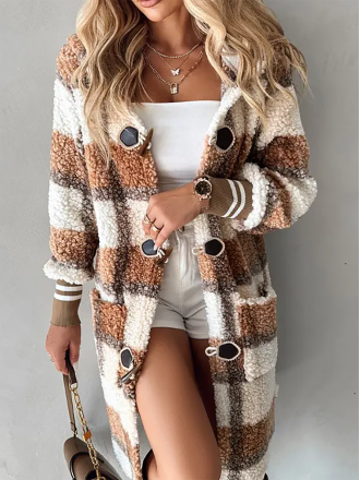 Plaid Print Horn Toggle Button Hooded Teddy Coat