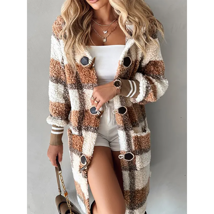 Plaid Print Horn Toggle Button Hooded Teddy Coat