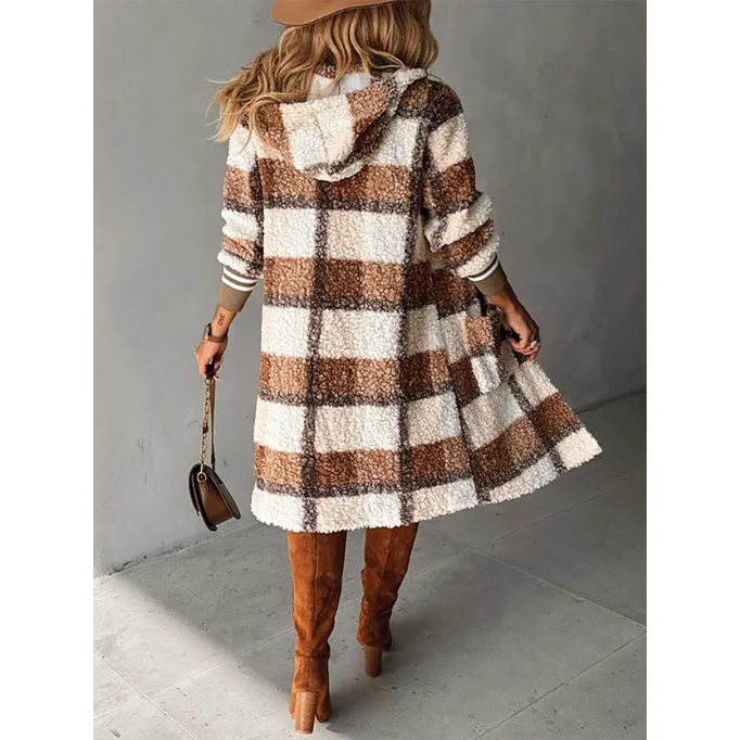 Plaid Print Horn Toggle Button Hooded Teddy Coat