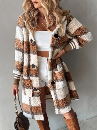 Plaid Print Horn Toggle Button Hooded Teddy Coat