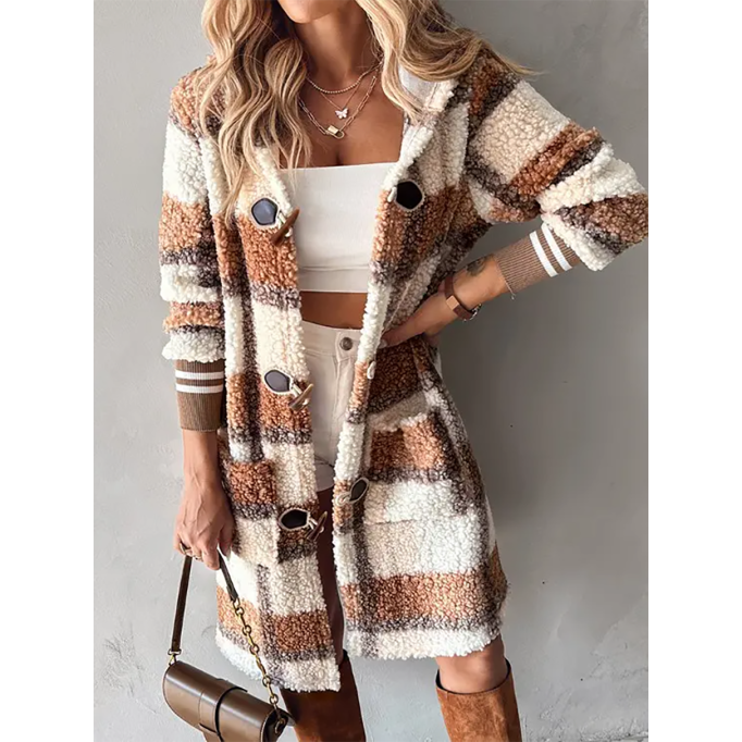 Plaid Print Horn Toggle Button Hooded Teddy Coat