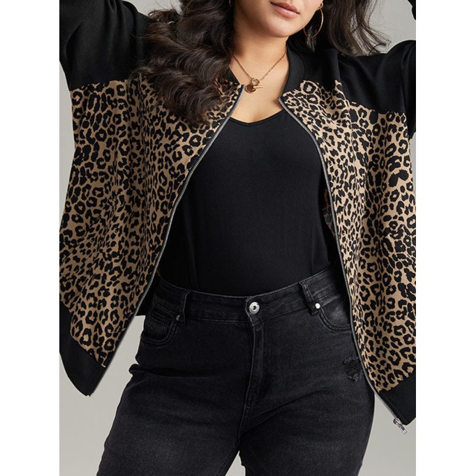 Plus-size women's elegant leopard-print patchwork coat