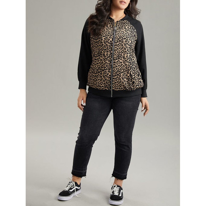 Plus-size women's elegant leopard-print patchwork coat