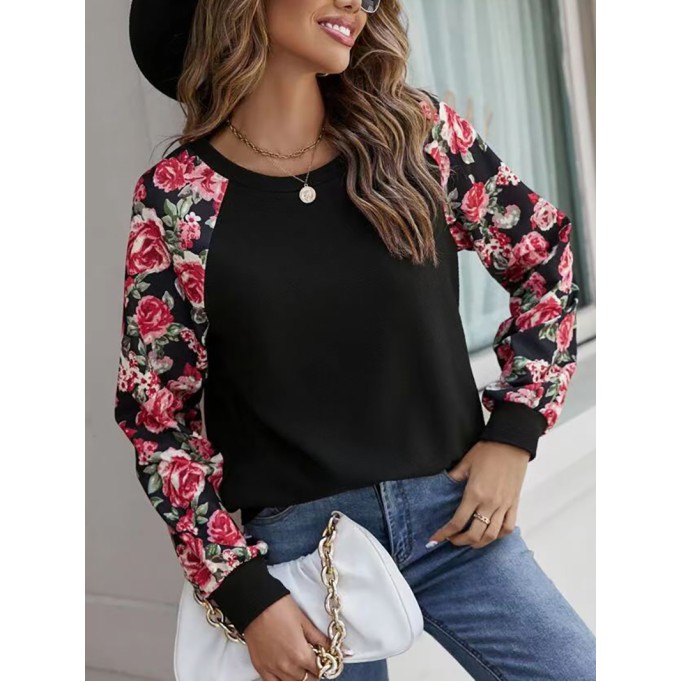 Printed patchwork casual round neck long-sleeved sweatshirt