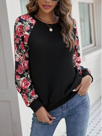 Printed patchwork casual round neck long-sleeved sweatshirt