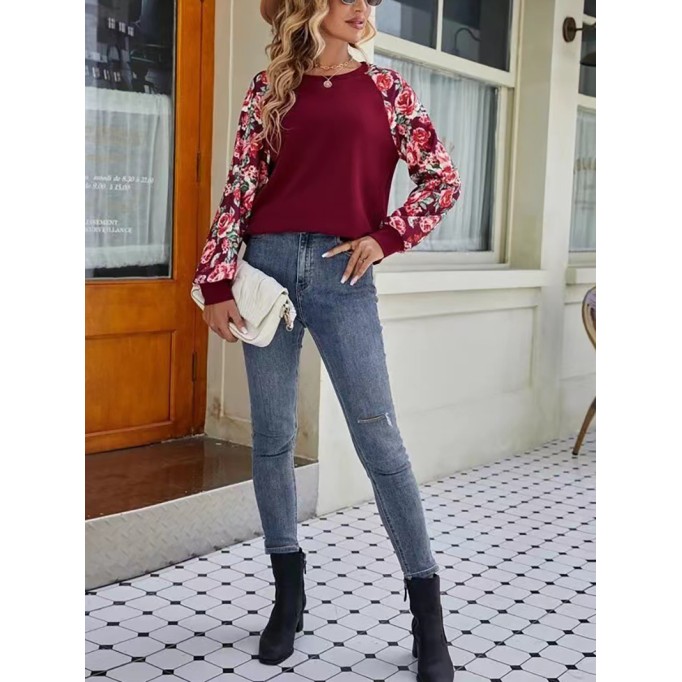 Printed patchwork casual round neck long-sleeved sweatshirt