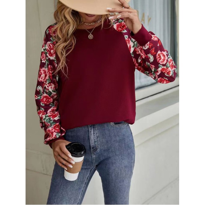 Printed patchwork casual round neck long-sleeved sweatshirt