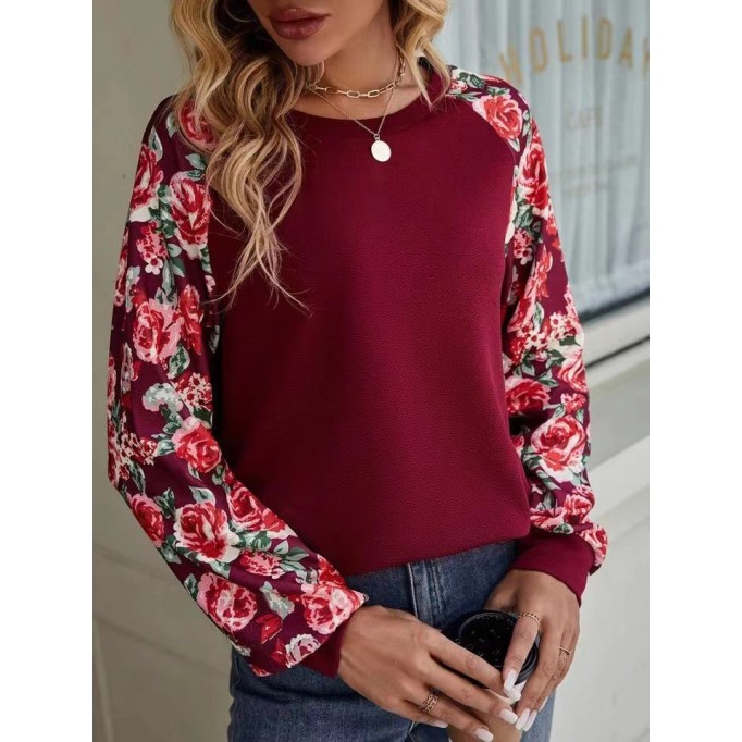 Printed patchwork casual round neck long-sleeved sweatshirt