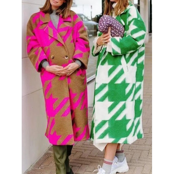 Qianniao grid color matching printed long woolen coat