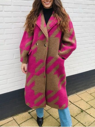 Qianniao grid color matching printed long woolen coat