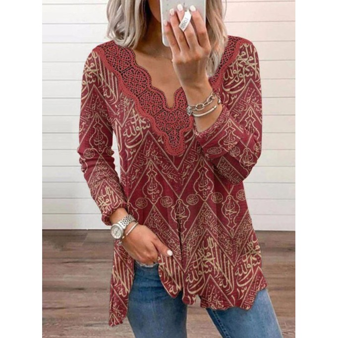 Retro lace patchwork printed T-shirt