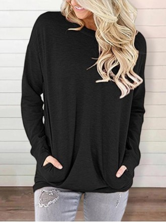 Round neck baton long sleeve pocket solid color loose T-shirt