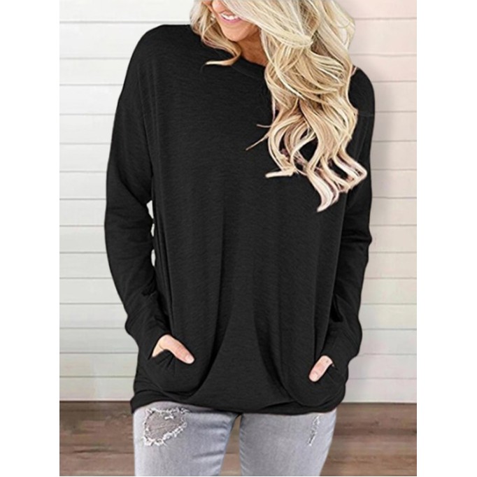 Round neck baton long sleeve pocket solid color loose T-shirt