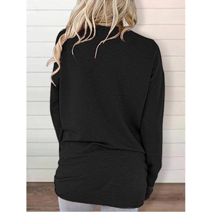 Round neck baton long sleeve pocket solid color loose T-shirt