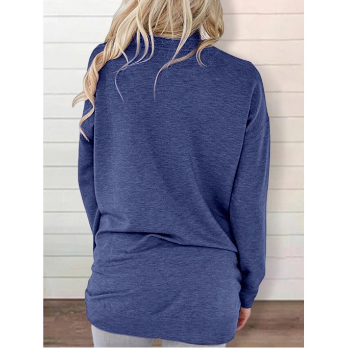 Round neck baton long sleeve pocket solid color loose T-shirt