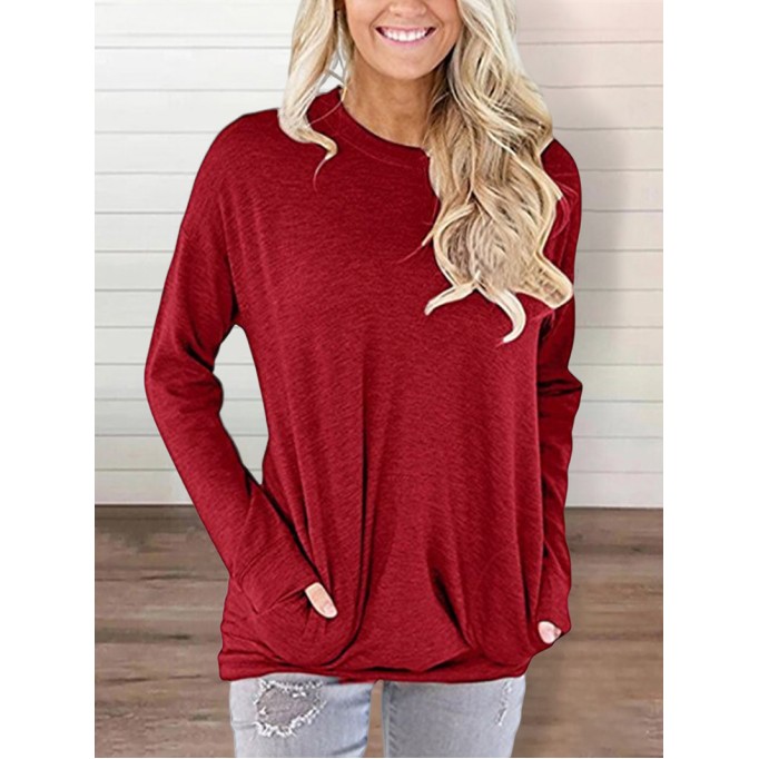 Round neck baton long sleeve pocket solid color loose T-shirt