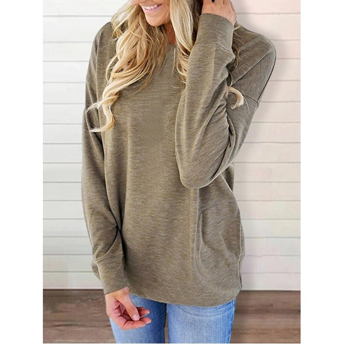 Round neck baton long sleeve pocket solid color loose T-shirt