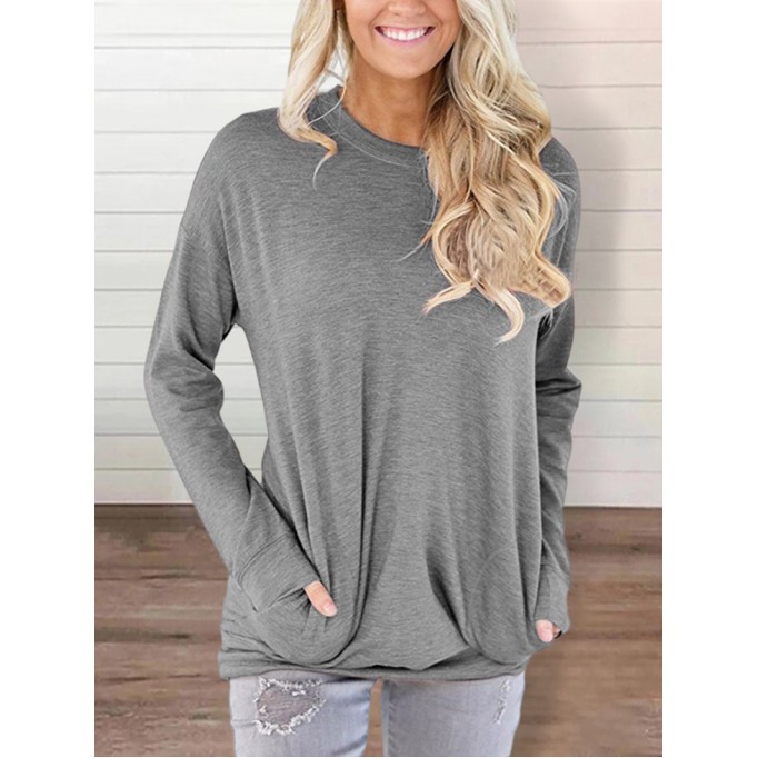 Round neck baton long sleeve pocket solid color loose T-shirt