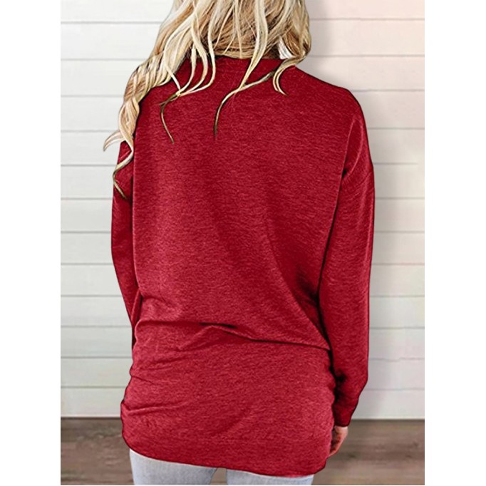 Round neck baton long sleeve pocket solid color loose T-shirt