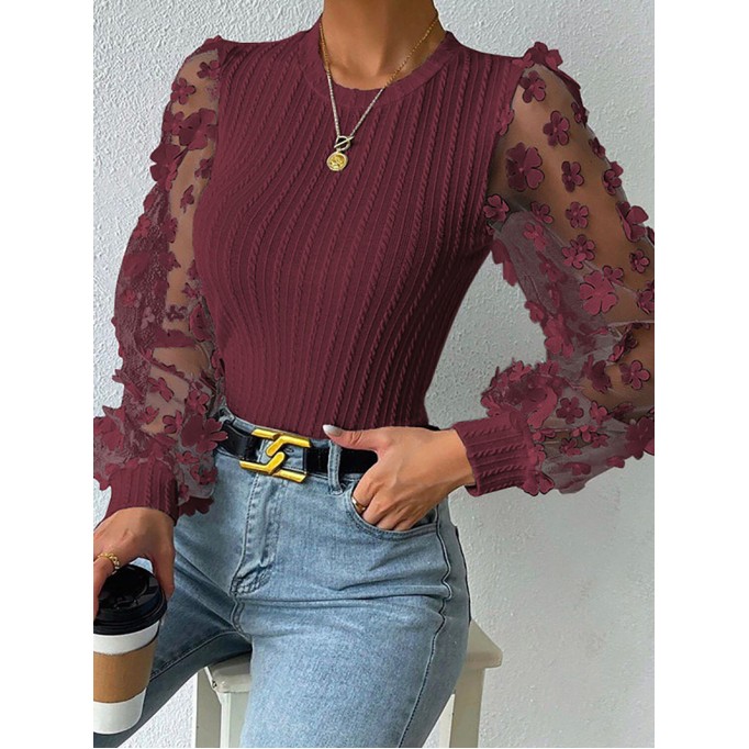 Round neck slimming pullover long sleeve chiffon shirt