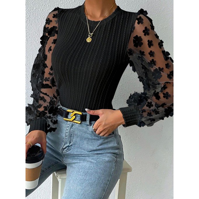 Round neck slimming pullover long sleeve chiffon shirt