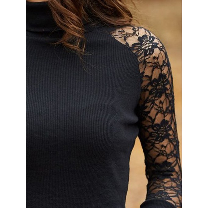 Sexy high-neck lace sleeve patchwork T-shirt top