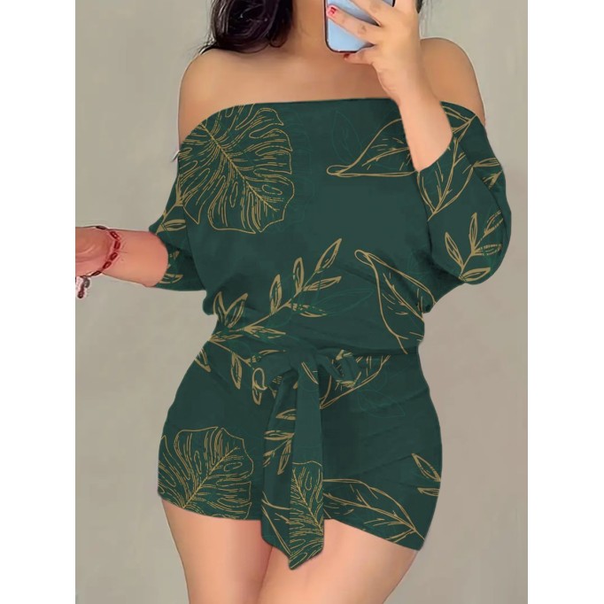 Sexy one-line shoulder waist slimming printed jumpsuit