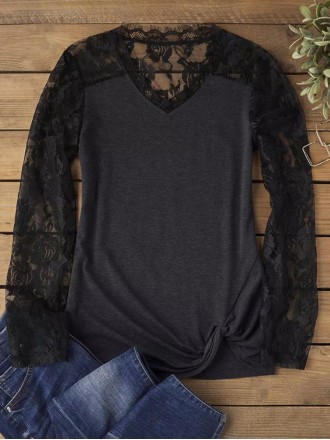 Sexy simple V-neck lace patchwork T-shirt