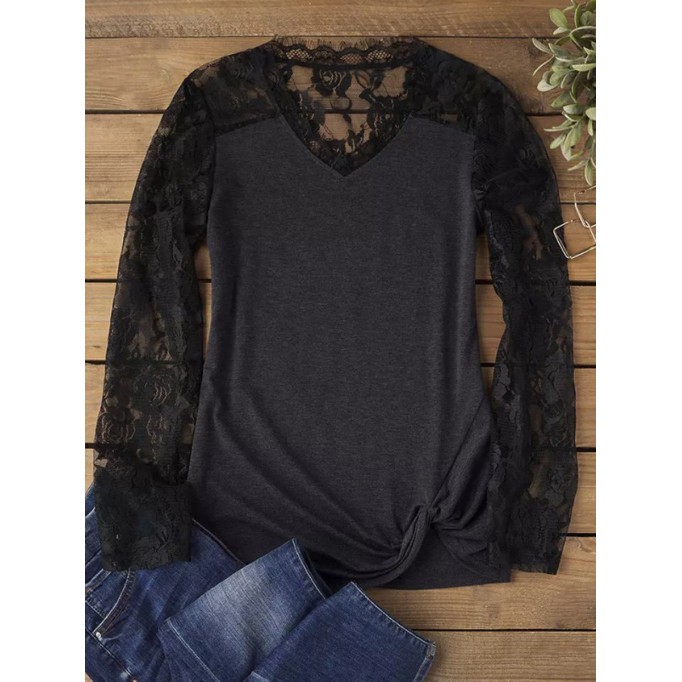 Sexy simple V-neck lace patchwork T-shirt