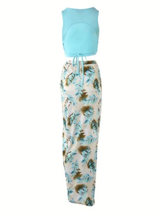 Sexy vacation style I-tank top + printed skirt 2 piece set