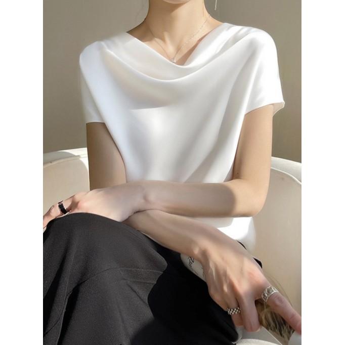 Simple and elegant satin shirt with swing neck