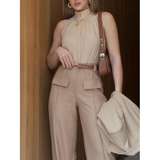 Simple women's halter top + patchwork wide-leg pant suit