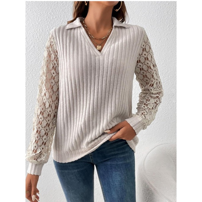 Solid color lace hollow long-sleeved V-neck pullover shirt