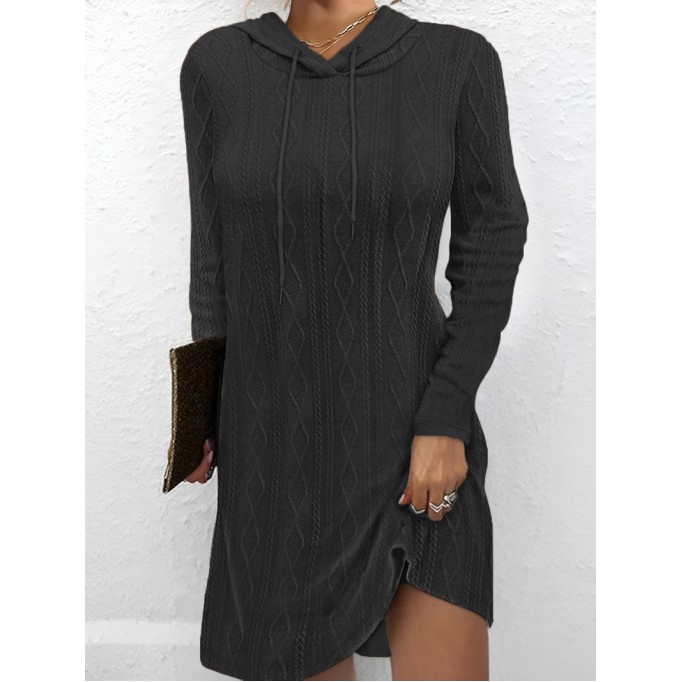 Solid color long sleeve hooded pullover knitted dress