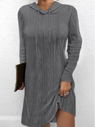 Solid color long sleeve hooded pullover knitted dress