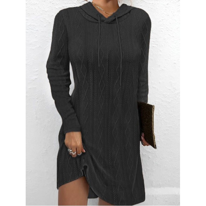 Solid color long sleeve hooded pullover knitted dress