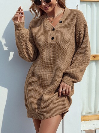 Solid Color V-neck Button Mid-length Women's Sweater Dress