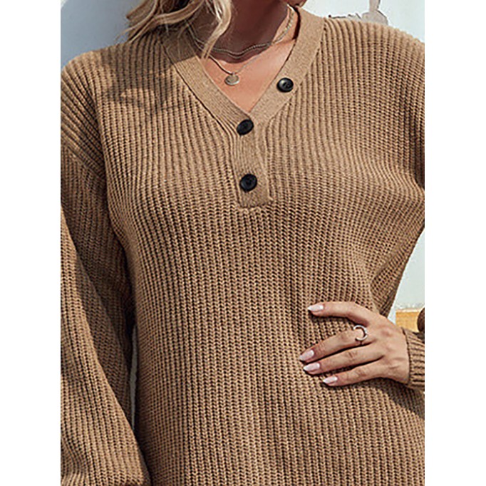 Solid Color V-neck Button Mid-length Women's Sweater Dress